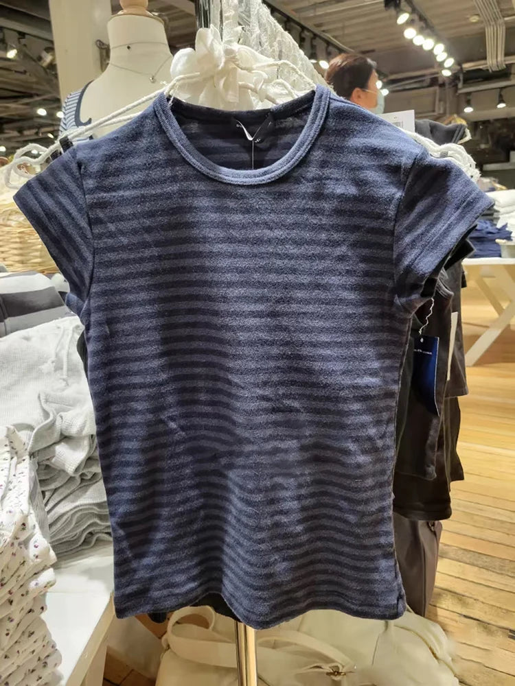 LIZAKOSHT  -  Pink Striped Slim T-shirts Woman Summer Round Neck Short Sleeve Tee Shirts Female Sweet Cute Preppy Style Cotton Tshirt Y2k Tops