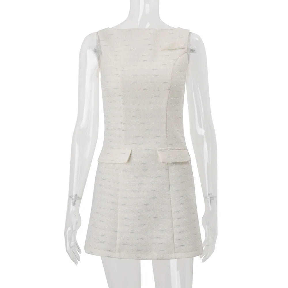 LIZAKOSHT  -  Autumn Elegant Solid Sleeveless Mini Dress Women Fashion Sexy Slim O Neck Patchwork Robe Club Party Dress Streetwear