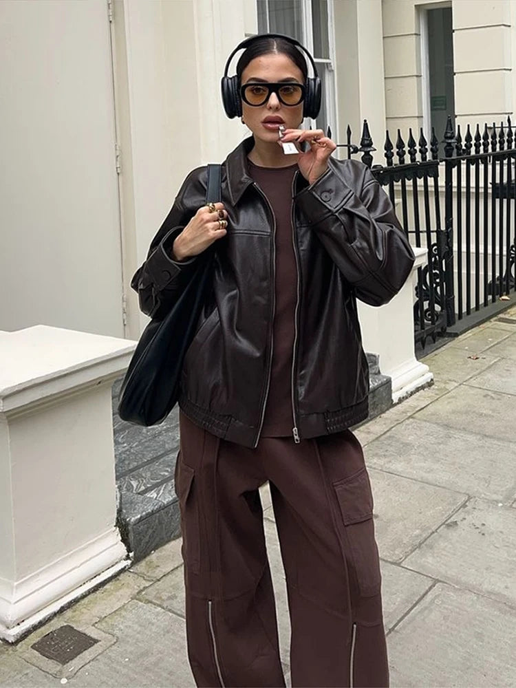LIZAKOSHT  -  Textured Leather Jacket Coat Vintage Matte Zipper Short Outwear Top Lapel  Cool Fashion Commuter Loose Slimming Biker Jackets