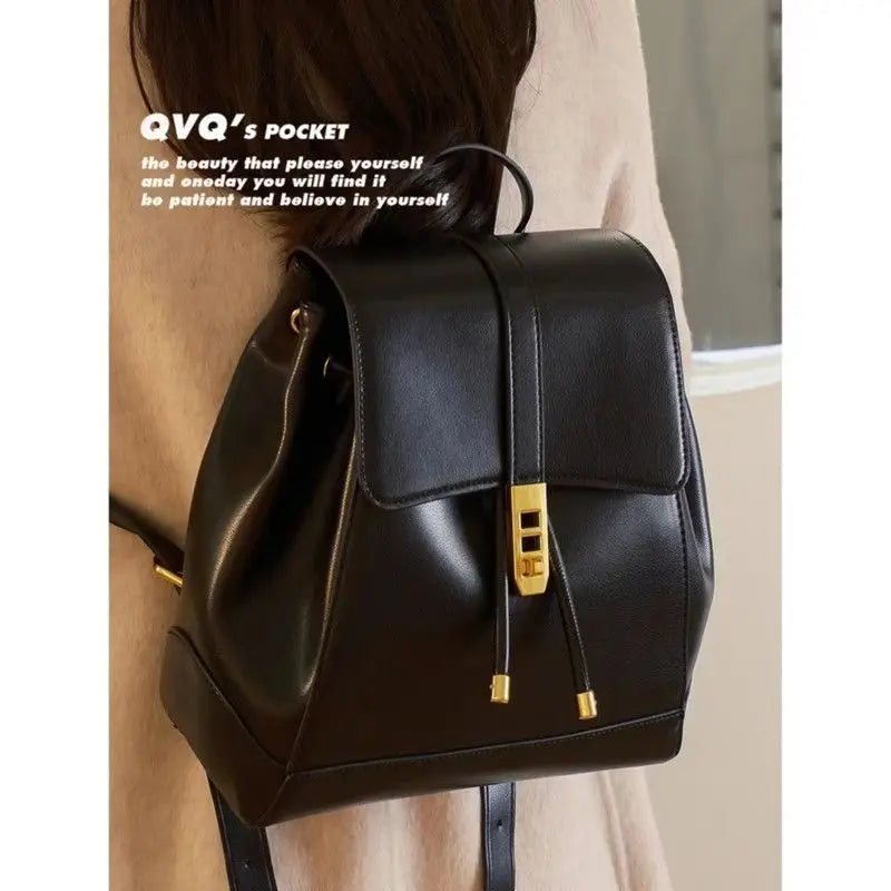 LIZAKOSHT  -  Retro Drawstring Backpack Women Solid Color Leather Large Capacity Fashion Premium Travel Bag Ladies Sle Casual Mochilas Mujer