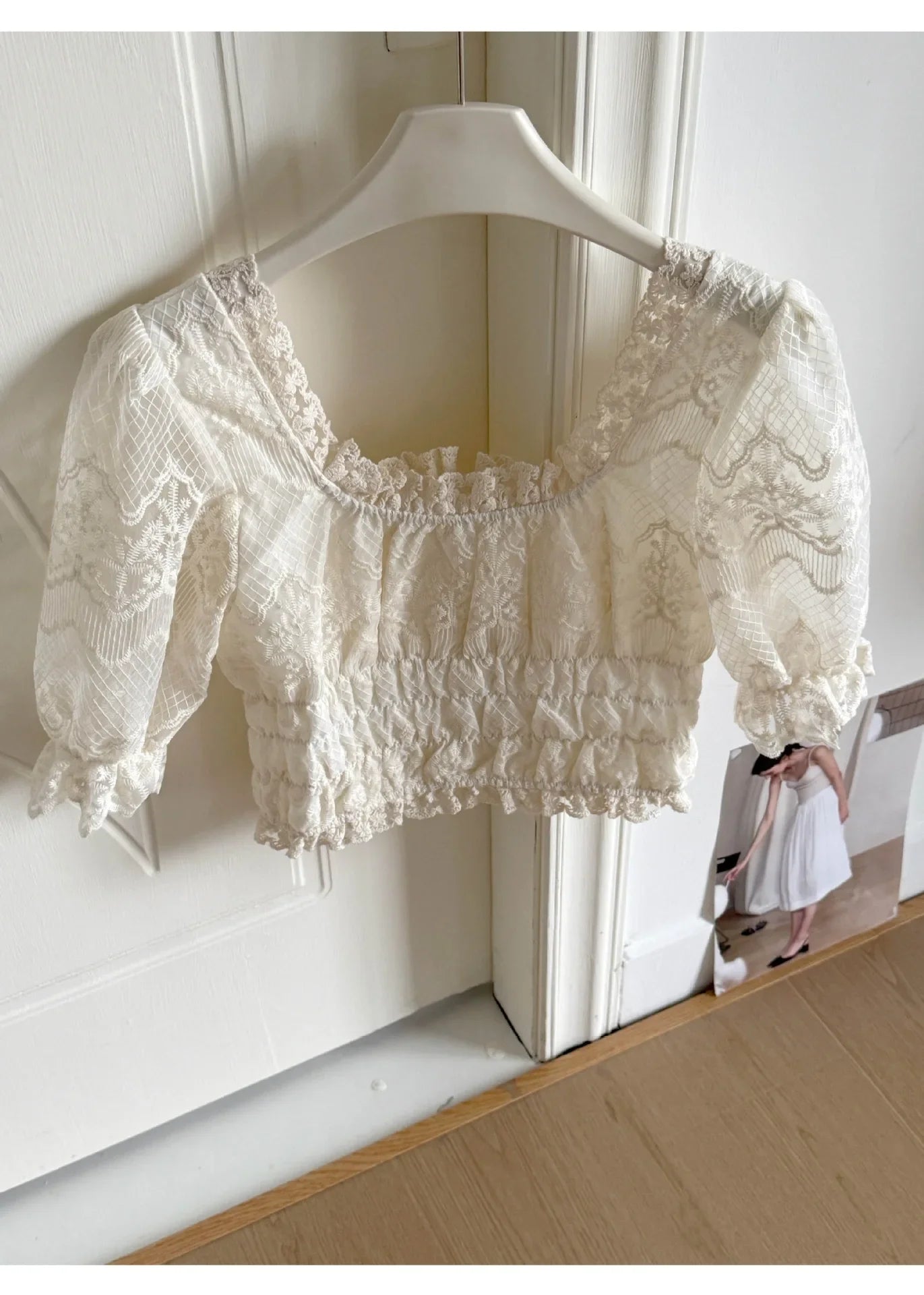 LIZAKOSHT  -  Sweet Embroidered Square Collar Lace Shirt Women's Shineril Lycra Summer New Style Button up Casual Feminine Top