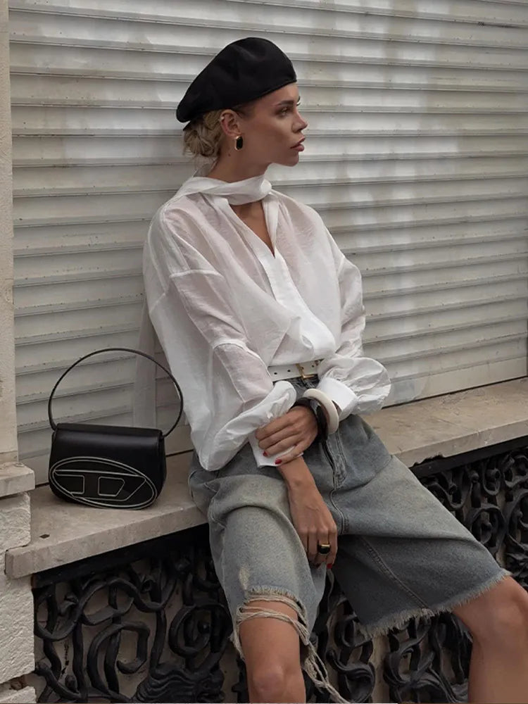 LIZAKOSHT  -  Commute Ribbon White Shirts Women Loose Puffy Long Sleeves See Through Blouse Female Spring Summer New Chic Streetwears