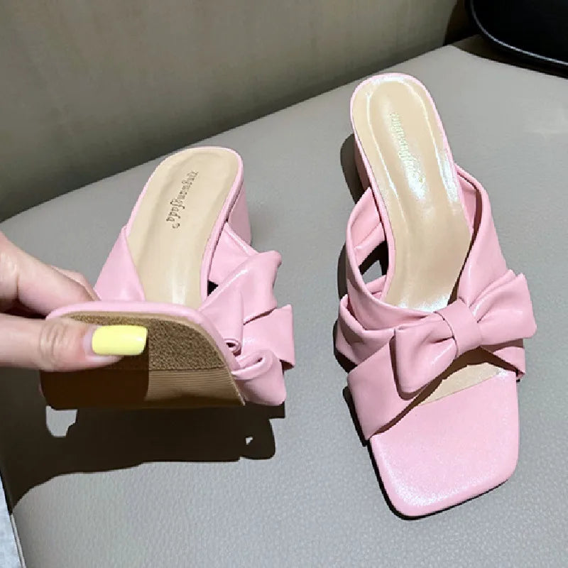 LIZAKOSHT  -  Bow Design Thick Heel Slippers Women Summer Square Head Soft Bottom Brand Sandals Comfortable Beach Casual Flats Zapatos Mujer