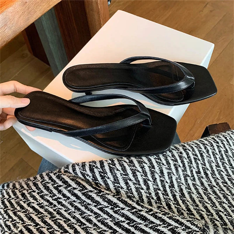 LIZAKOSHT  -  Summer Casual Thin Low Flats Heels Women Slippers Comfortable Square Clip Toe Daily Party Ladies Shoes