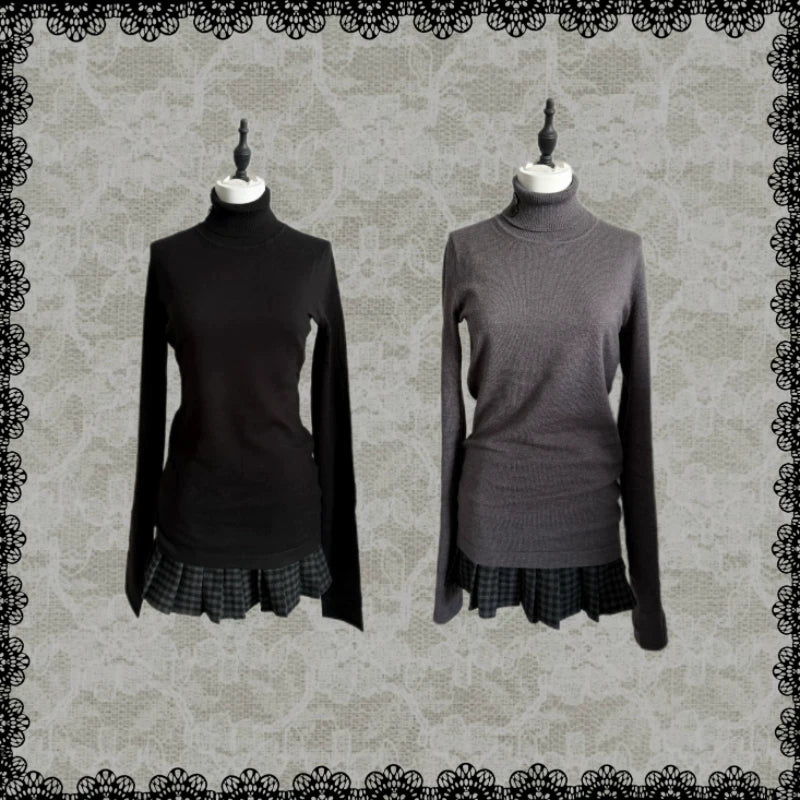LIZAKOSHT  -  Fashionable European-style retro high-neck button-up mid-length versatile base layer sweater in solid color, fitted women's top
