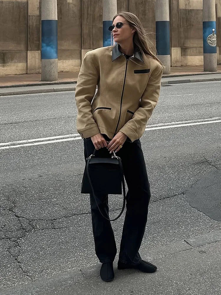 LIZAKOSHT  -  Casual Lapel Patchwork Coat Women Chic Long Sleeve Pockets Zipper Slim Fit Jacket 2025 Autumn Lady Daily Commute Outerwear