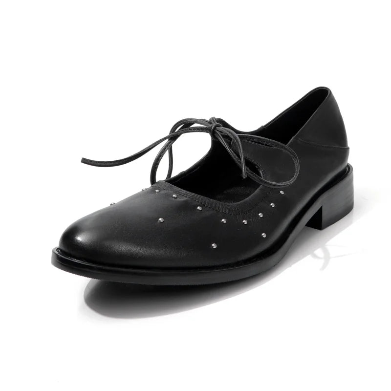 LIZAKOSHT  -  Women's High Heels Genuine Leather Shoes round Toe Riveted Detail Lace-Up Ankle Strap Stylish Footwear Women's Heels
