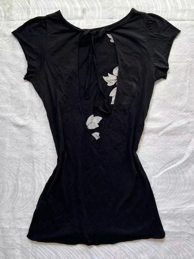 LIZAKOSHT  -  Y2k Aesthetic Vintage Flower Printing T-shirt 2025 Summer Backless Bandage Streetwear Tops Harajuku Sexy grunge Fairy Tshirts