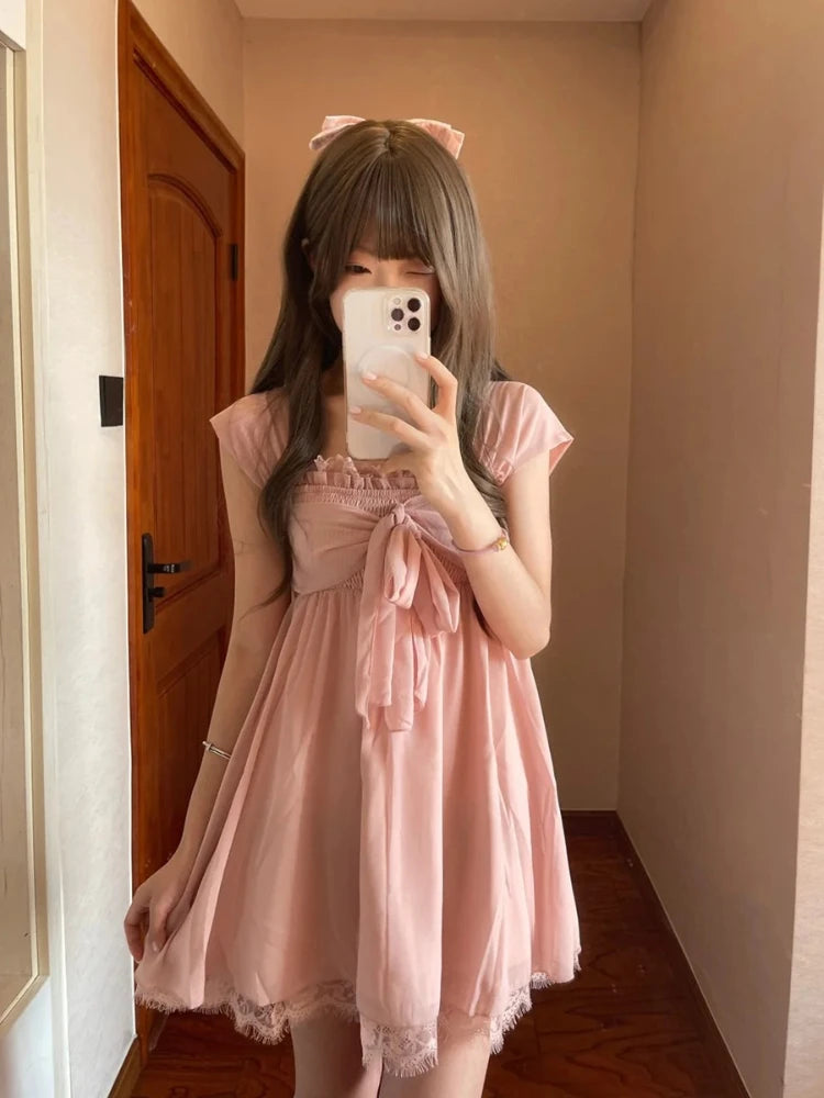  LIZAKOSHT  -  Sweet Lolita Kawaii Mini Dress Women Bowknot Off Shoulder Ruffle Lace Trim Loose Fit Princess Daily Kawaii Japanese Fashion