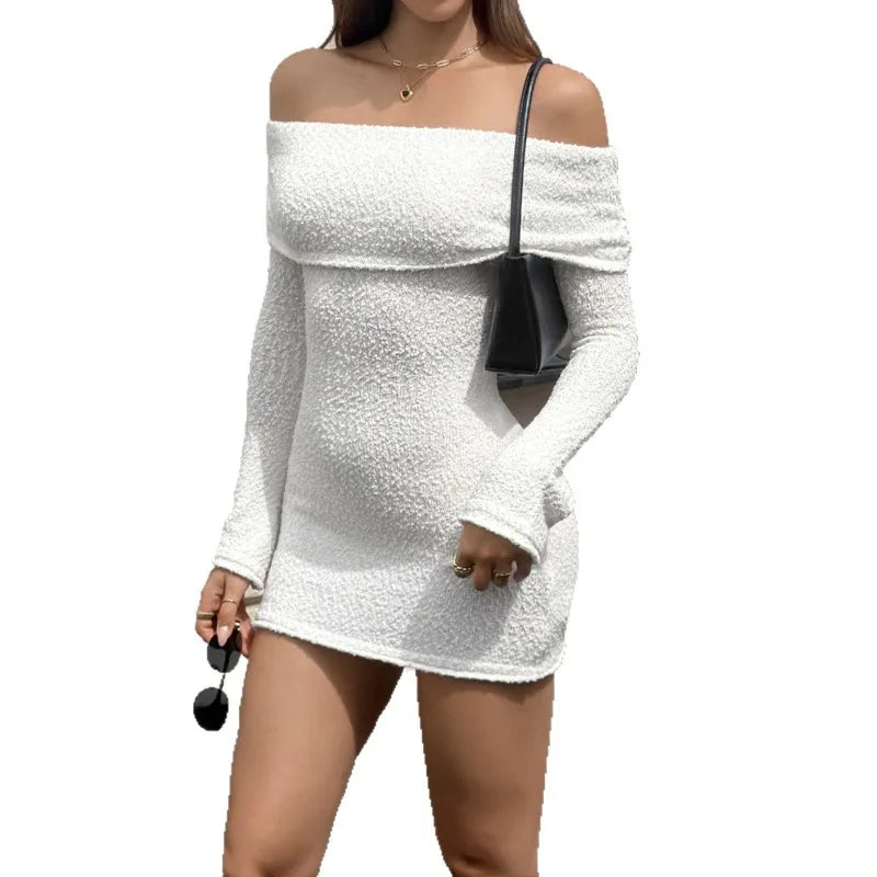  LIZAKOSHT  -  Women Off The Shoulder Folded Neck Flared Cuff Long Sleeve Textured Knit Short Bodycon Dress