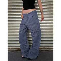 LIZAKOSHT  -  Chic Gray Cargo Jeans Y2k Streetwear Casual Loose Denim Pants For Women Aesthetic 90s Low Waist Straight-leg Trousers