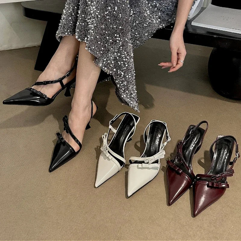 LIZAKOSHT  -  Sexy Pointed Toe Pumps Women Lacquer Leather High Heels Sandals Female Bow Elegant Fashion Slingback Dress Shoes Sandalias Mujer