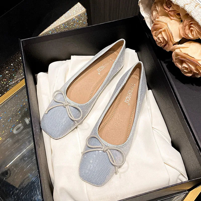 LIZAKOSHT  -  bling bling bowtie flat shoes woman square toe pink glitter ballet flats 35-43 big size shiny moccasins women bow loafers