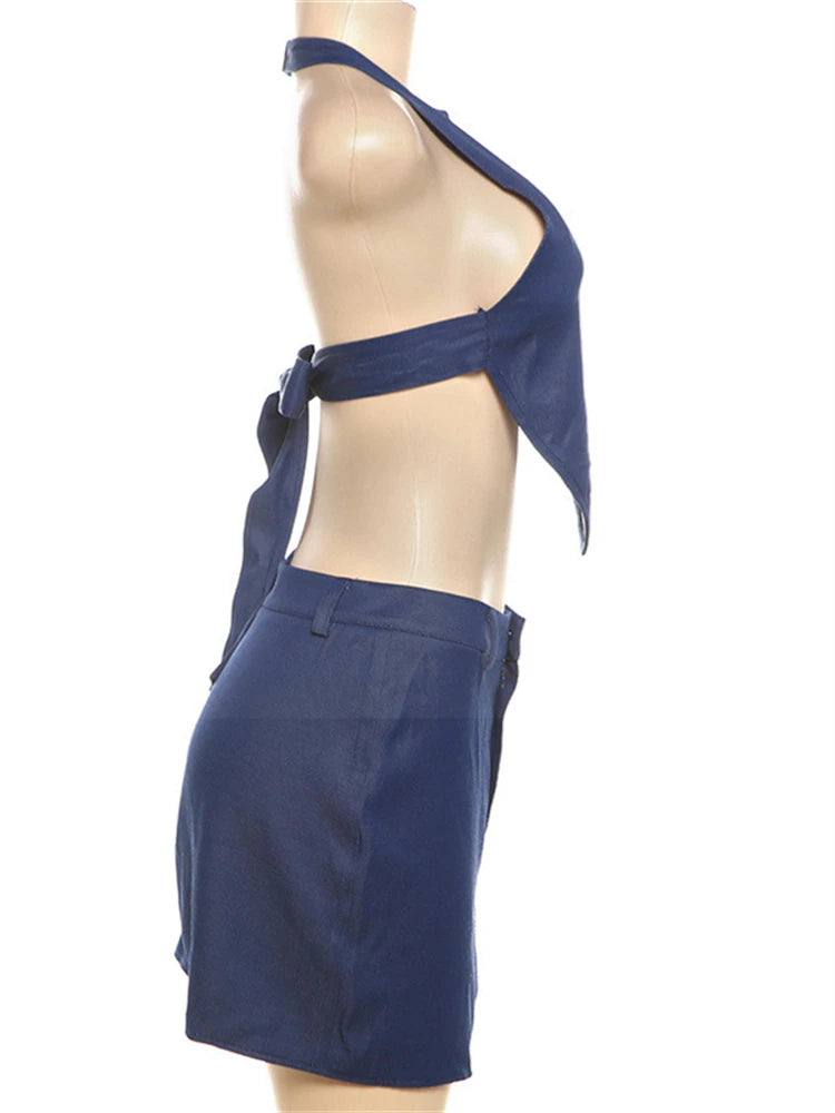LIZAKOSHT  -  Summer Y2K Denim Sexy 2 Piece Set Streetwear Women 2024 Halter Backless Bandage Irregular Crop Tops And Bodycon Skirt Set