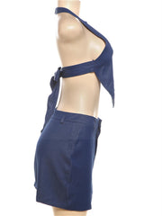 LIZAKOSHT  -  Summer Y2K Denim Sexy 2 Piece Set Streetwear Women 2024 Halter Backless Bandage Irregular Crop Tops And Bodycon Skirt Set