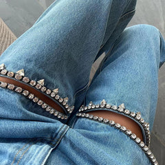 Lizakosht Fashion Trendy Hot Diamond Design Loose Blue Distressed  Relaxation of Tall Waist Wide Legged Pants Autumn/Winter Women's Jeans