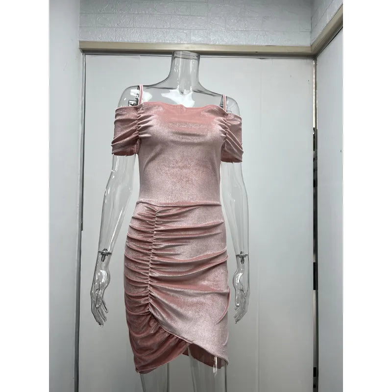 LIZAKOSHT  -  Velvet Long Sve Dr Cold oulder Ruched Bodycon High Waist Street Sle Polyester Fiber Autumn Season V-Ne H-ape