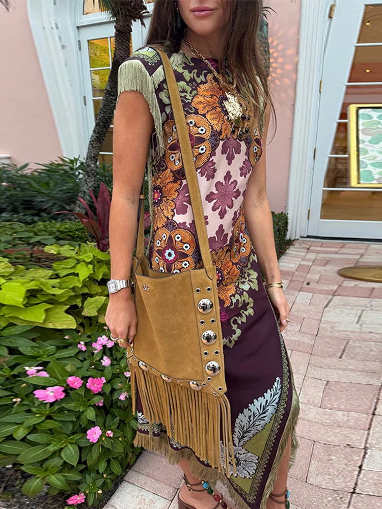 LIZAKOSHT  -  Women Dress Floral Print Fringe Midi Dresses Burgundy Sleeveless High Neck Asymmetrical Hem Party Dress Summer Woman Clothes