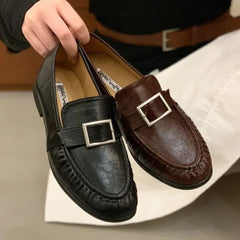 LIZAKOSHT  -  Retro Soft Leather Designer Flat Shoes Women Belt Buckle Pleated Design Comfort Loafers British Style Brand Office Shoes Ladies