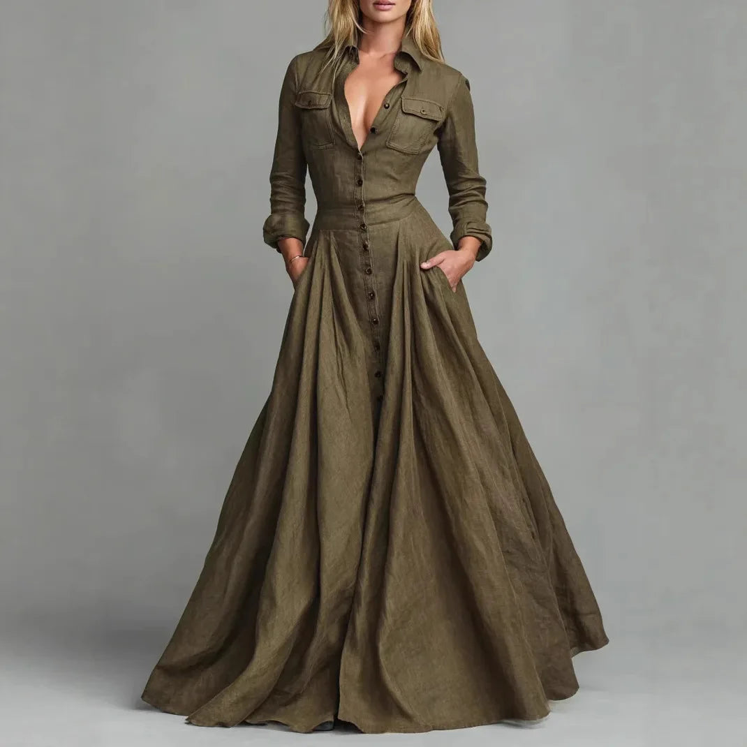 LIZAKOSHT  -  European American Women Dresses Retro Turndown Collar Pocket Long Dress Autumn Single Breasted Long Sleeve A-Line Street Dress