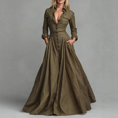 LIZAKOSHT  -  European American Women Dresses Retro Turndown Collar Pocket Long Dress Autumn Single Breasted Long Sleeve A-Line Street Dress