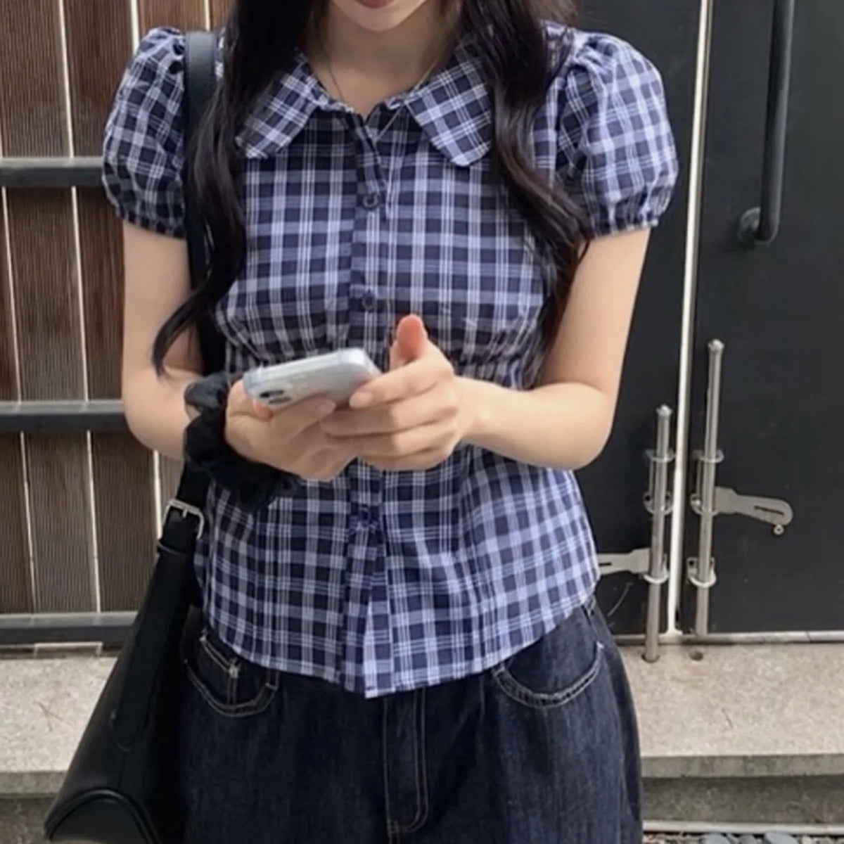LIZAKOSHT -  Retro Blue Checkered Short Sleeved Waist Up Shirt for Women with Bubble Sleeves and A Lapel Top