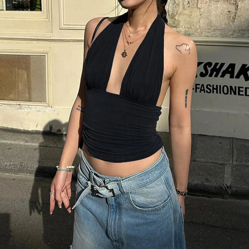 LIZAKOSHT  -  Summer Solid Color Halter Lacing Fashion Club Crop Top for Women Open Back Ruched Sleeveless Skinny Party Camisole Clothing