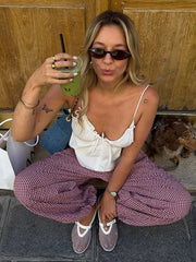 LIZAKOSHT  -  Elastic Drawstring Plaid Jogger Bottom Grid Thigh Cut Ankle Cuffs Summer Autumn Indoor Casual Lady  Vintage Cozy Outfit