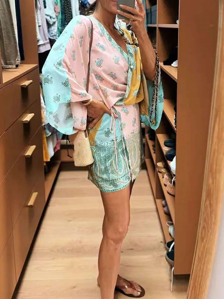 LIZAKOSHT  -  Women Fashion Pattern Print Mini Party Dress Elegant Deep V-neck Cover Up Robe Dress Casual Lantern Sleeve Lace-Up A-Line Dress