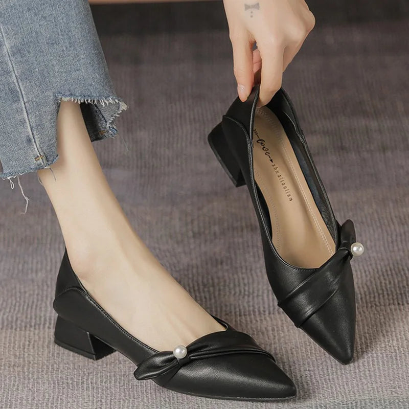 LIZAKOSHT  -  New Women 2.5cm High Heels Retro Style Pumps Female Elegant Pearl Pointed Toe Block Heels Lady Fashion Shallow Party Shoes