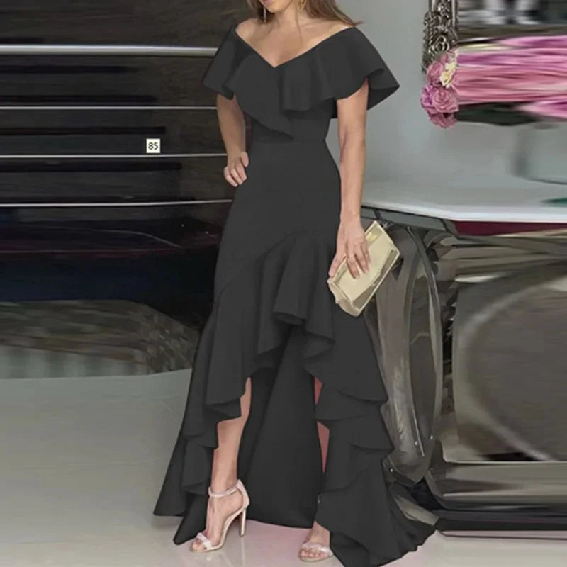 LIZAKOSHT  -  Sexy V-neck Irregular Hem Pure Color Women's Dress Bell Sleeve Ankle-length Regular Waist Design Floral Lace Edge Dress
