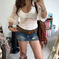 LIZAKOSHT  -  New Euramerican Summer Spliced Lace Fake Two Piece Y2k V Neck Half Sleeve See-throught Women Shirts Harajuku Temperament Tops