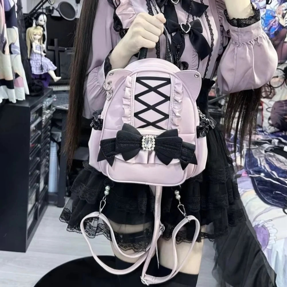 LIZAKOSHT  -  Korean Fashion Y2k Punk Backpack Lace Bow Cat Ear Lotus Lace Decoration Lolita Backbag PU Leather Large Capacity Women Backpack