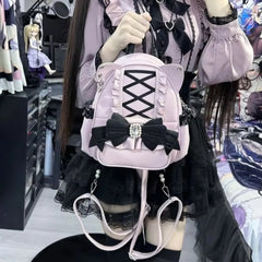 LIZAKOSHT  -  Korean Fashion Y2k Punk Backpack Lace Bow Cat Ear Lotus Lace Decoration Lolita Backbag PU Leather Large Capacity Women Backpack