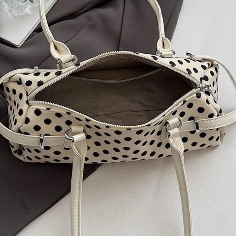 LIZAKOSHT  - Y2k Polka Dot Cylindrical Handbag Ins Trendy Personality Elegant Retro Glossy Leather Exquisite Small Capacity Daily Commuting
