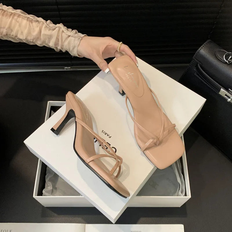 LIZAKOSHT  -  Summer High Heels Slipper Women Sandals French Style Lazy Style Narrow Band Slipper Design Slides Vacation Flip Flops Mujer