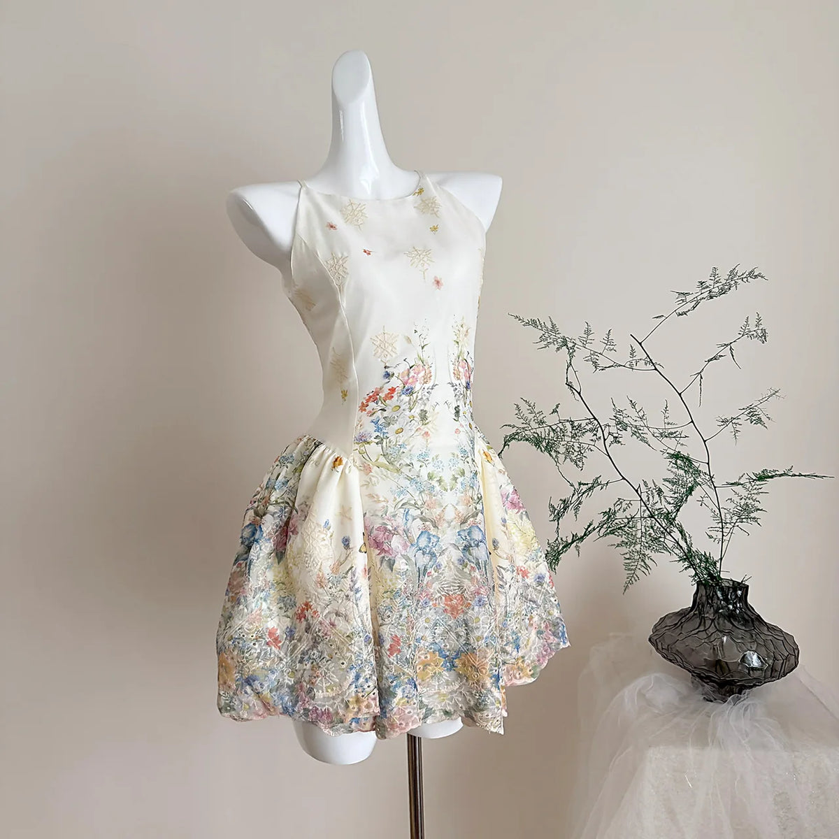 LIZAKOSHT  -  Off White Elegant Kawaii Fairycore Floral Print Chiffon Ruched Waist Halter Mini Dress Women Girls Summer Beach Party Daily Wear