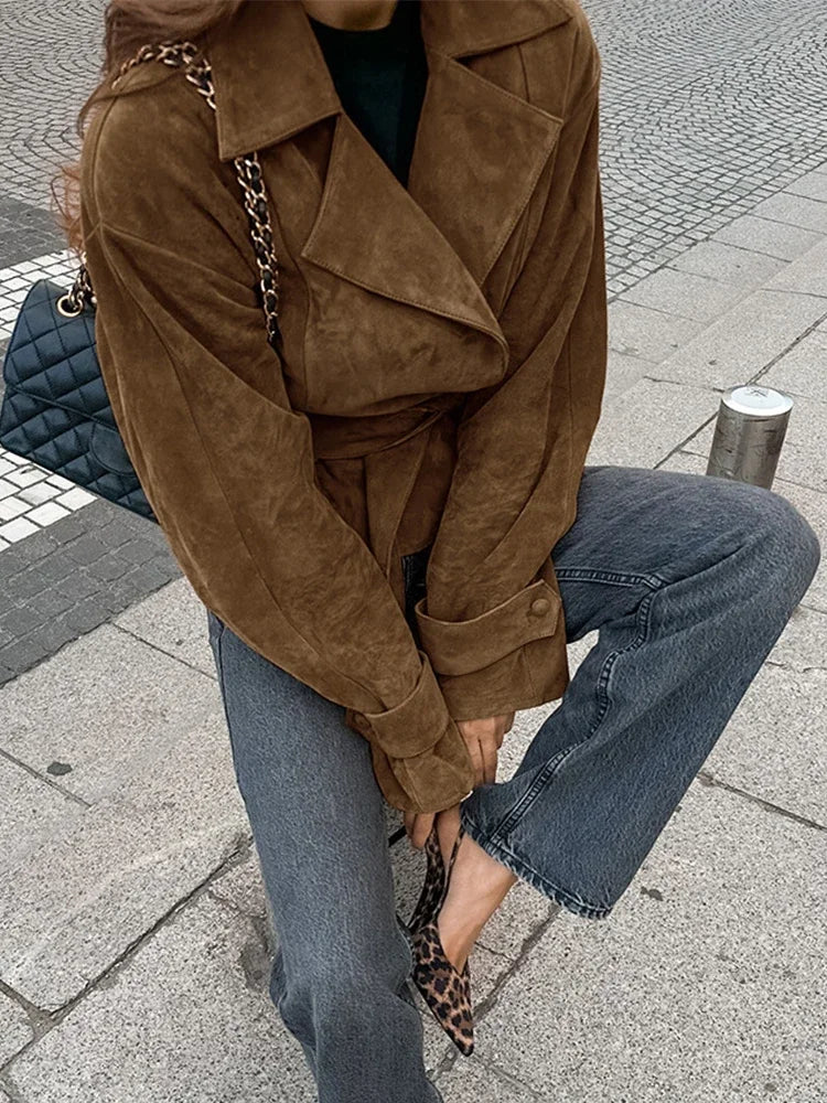 LIZAKOSHT  -  Retro Brown Lace Up Shorts Suede Jacket Elegant Female Lapel Long Sleeves Slim Coats Autumn Chic Lady High Street Outwear