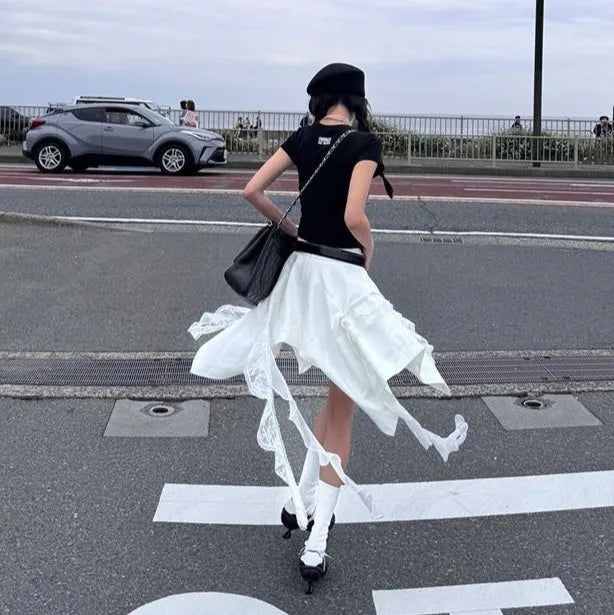 LIZAKOSHT  -  New Small Style Lace Splicing Irregular High Waist A-line Short Skirt