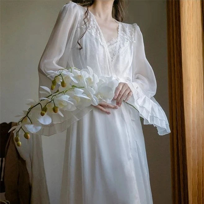 LIZAKOSHT  -  Women's Bathrobe Set Sexy Vintage Summer Mesh Fairy Ladies Nightgown Solid Thin Princess Style Night Dress for Female 2024