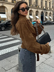 LIZAKOSHT  -  Retro Brown Lace Up Shorts Suede Jacket Elegant Female Lapel Long Sleeves Slim Coats Autumn Chic Lady High Street Outwear