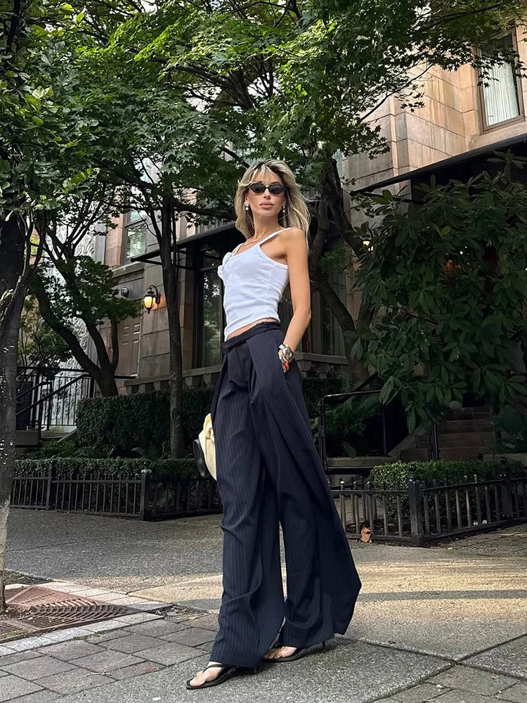 LIZAKOSHT  -  Women's Pants Woman Clothing Wide-Leg Trousers Y2k Pants Tracksuit Female Pinstripe Pleated Fashion High-Waist Casual Bottoms