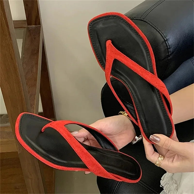 LIZAKOSHT  -  Women Flip Flops Flat Sandals Summer New Square Toe Suede Slippers Casual Beach Slides Fashion Ladies Non-slip Shoe