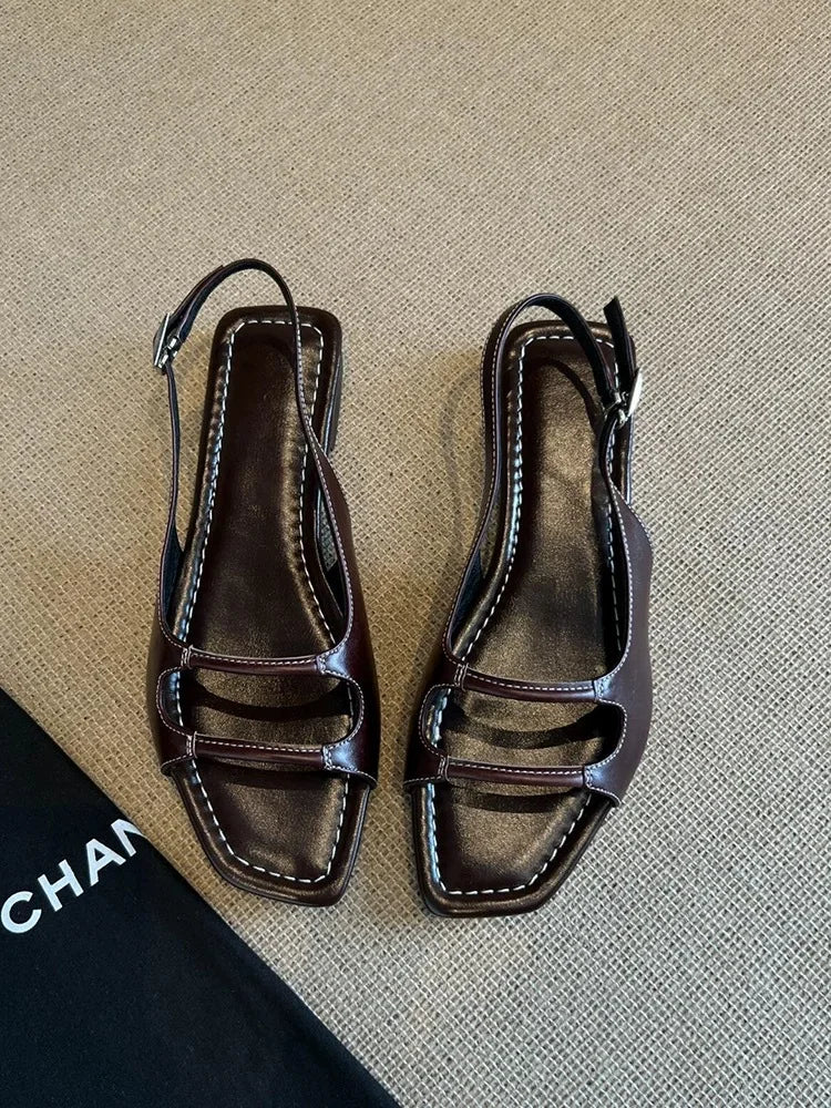 LIZAKOSHT  -  Designer Retro Summer Buckle Sandals French Elegant Women Flat Sandals Beach Square Toe Roman Shoes Ladies