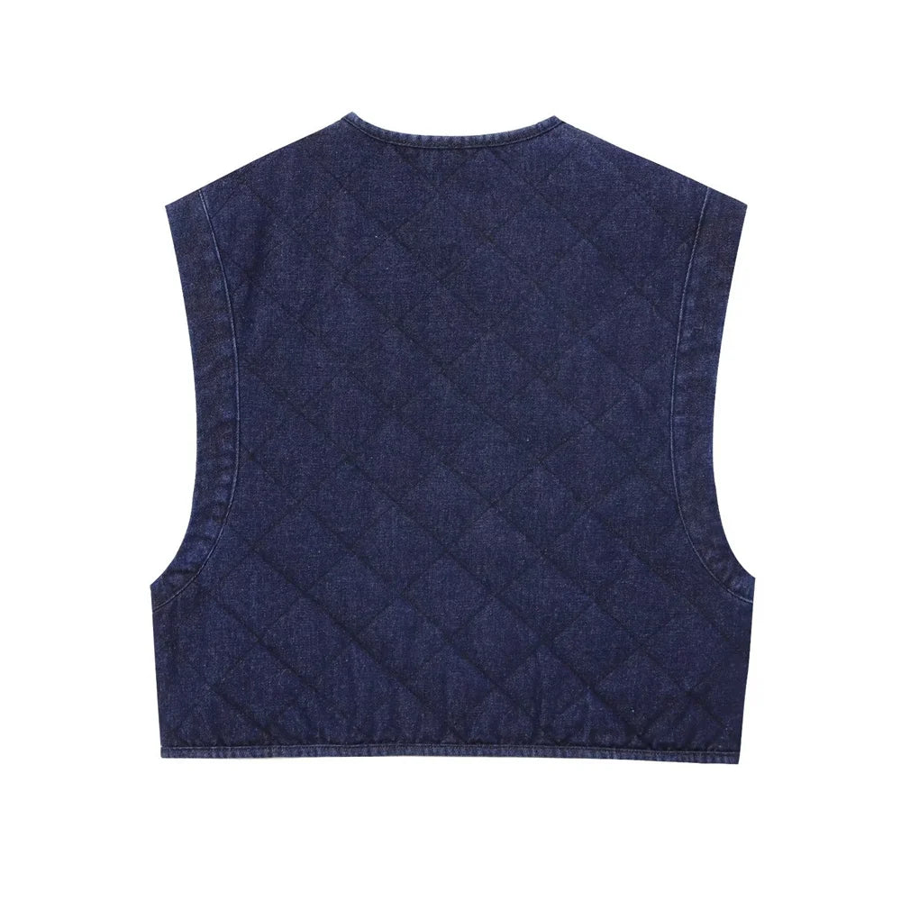 LIZAKOSHT  -  Casual Solid Denim Cotton Vest for Women Autumn Winter V-Neck Sleeveless Short Tops Female Waistcoat Streetwear