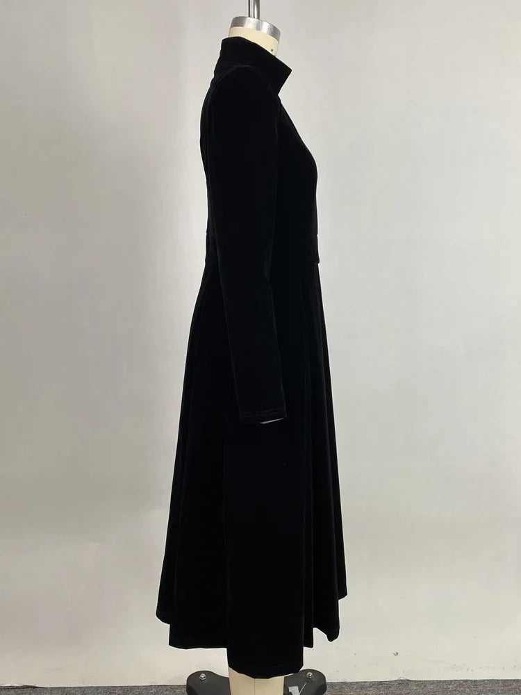 LIZAKOSHT  -  Womens Evening Dresses High Neck Midi Dress New Black Long Sleeves Elegant Party Dress for Female Casual Gathering