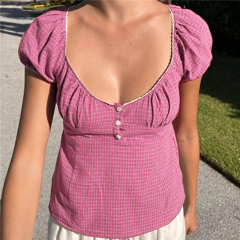 LIZAKOSHT  -  Womens Y2k Short Sleeve Crop Tops Lace Trim Vintage Fairy Grunge Plaid Print T-Shirt Aesthetic Harajuku 2000s Streetwear