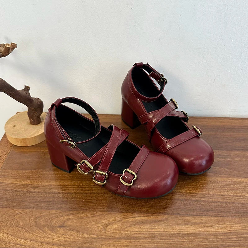 LIZAKOSHT  -  Design Cross Strap Women Mary Jane Shoes Fashion Thick Heel Shoes Autumn Ladies Outdoor Dress Stripper Leather Shoes
