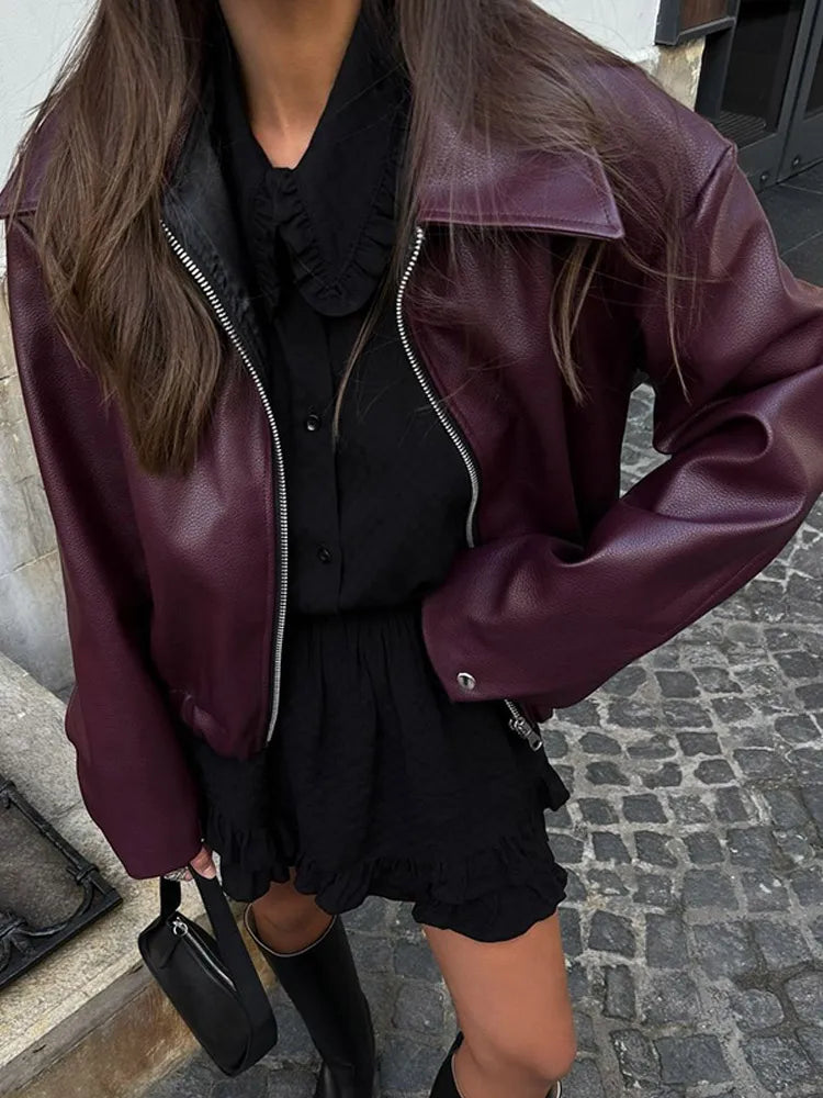 LIZAKOSHT  -  Red Lapel Leather Cropped Jackets Women Zipper Long Sleeve Coat 2025 New Fashion Retro Autumn Vacation High Street Outerwears