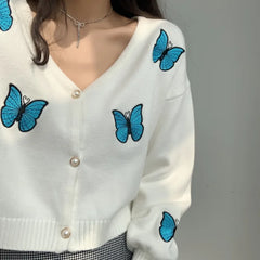 LIZAKOSHT -  Women New Y2k Butterfly Embroidery Cardigans Lantern Sleeve V Neck Sweater Coat Knitted Single Breasted Autumn Tops E Girl